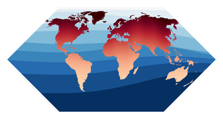World Map Vector. Eckert I projection. World in red orange gradient on deep blue ocean waves. Amazing vector illustration.