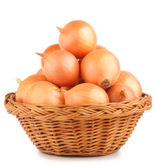 Onions in the basket isolated on the white background