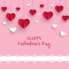 Happy Valentine’s Day greeting card or banner with paper cut tape and red suspended hearts