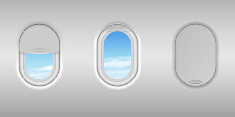 Realistic detailed 3d airplane window with blue sky view set. Porthole with open and closed glass