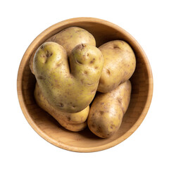 Heart shaped potato. Raw potatoes in wooden bowl isolated on white background. Top view.