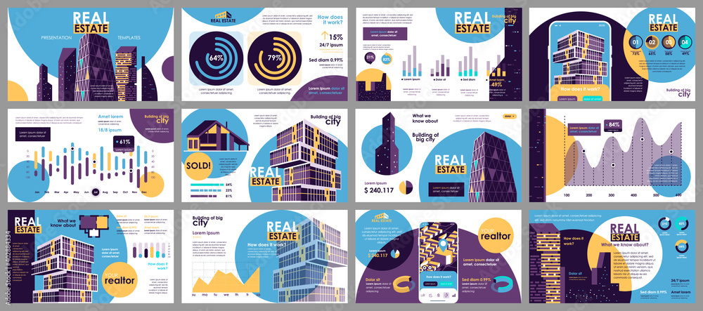 Aufkleber real estate presentation slides templates from infographic elements and vector illustration. can be 