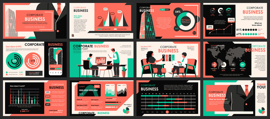 Business meeting presentation slides templates from infographic elements and vector illustration. Can be used for presentation teamwork, brochure, marketing, annual report, banner, booklet.