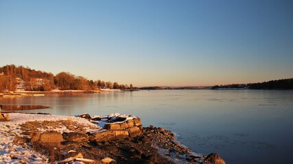 Golden hour fjord in Norway during winter