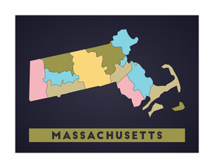 Massachusetts map. Us state poster with regions. Shape of Massachusetts with us state name. Trendy vector illustration.