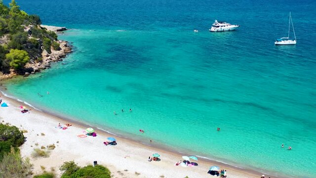 Panoramic aerial view to the beautiful beach of Kounoupi, close to the town of Porto Cheli, Peloponnese, Greece