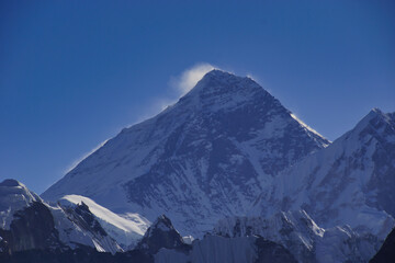 Summit of Mount Everest photographed from Gokyo Ri. One of the best view points on Everest. 