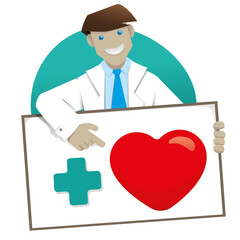 Illustration representing a doctor or surgeon holding a sign with the message More Love. Ideal for training and institutional matters