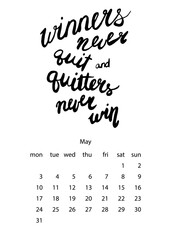 Calendar template 2021 year with motivational quote lettering.