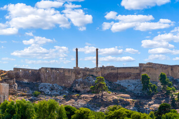 Sanliurfa/Turkey- September 15 2020:  Ancient stone columns which stand atop the Kale (castle) on Damlacik Hill which overlooks  in Sanliurfa (Urfa). © Bilal