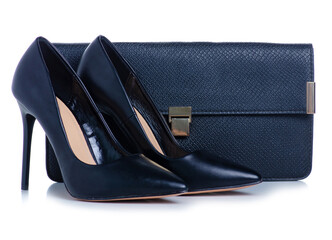 Woman black bag and high heel shoes on white background isolation