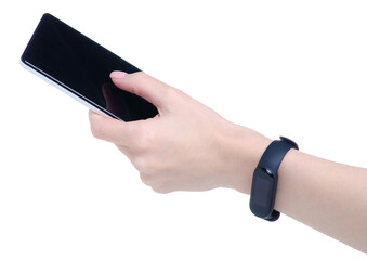 Fitness bracelet device with mobile phone smartphone in hand on white background isolation