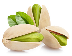 Delicious pistachios with leaves, isolated on white background