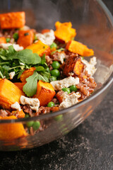 Roasted Winter Squash with Red Rice, Peas and Carrots