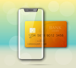 Smartphone & credit card banner. Advertising promo poster phone bank card icon. Communicator PDA Electronic money funds transfer. Plastic card phone software. Update banking icon. Debit bank card chip