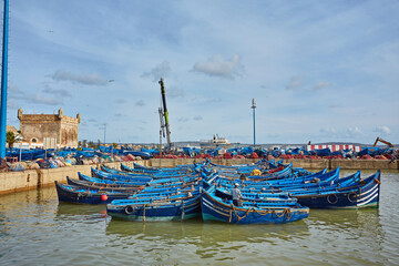 Blue fishing boats in the port of Essaouira