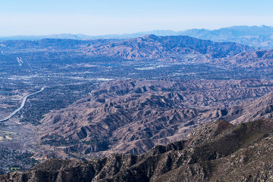 Aerial view towards Sylmar and Pacoima in the San Fernando Valley area of Los Angeles California.  