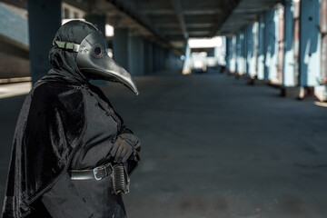 plague doctor in an empty city on an empty marina