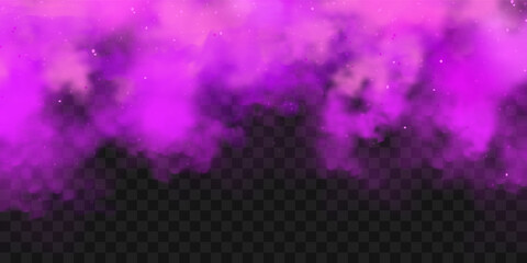 Realistic purple colorful smoke clouds, mist effect. Fog isolated on transparent background. Vapor in air, steam flow. Vector illustration.