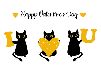 Black cat and a yellow heart with polka dots. Valentine's Day greeting card. Pattern for fashion prints on cups, textiles, clothes, notebooks. 