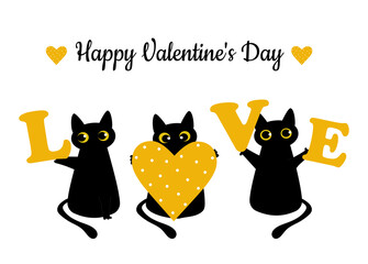 Black cat and a yellow heart with polka dots. Valentine's Day greeting card. Pattern for fashion prints on cups, textiles, clothes, notebooks. 