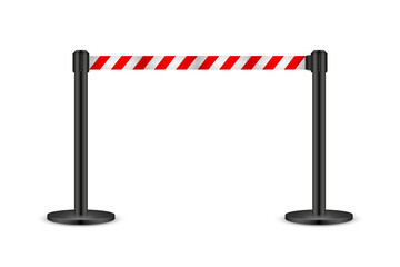 Realistic vector retractable belt stanchion. Crowd control barrier posts with caution strap. Queue lines. Restriction border and danger tape.