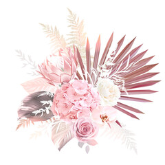 Trendy dried palm leaves, blush pink, white rose, pale protea, orchid, hydrangea