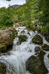 Fototapeta na wymiar Small wild waterfall in a forest in Norway