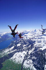 Skydivers perform stunts above snowcapped mountains