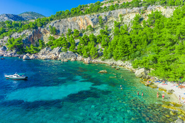 Crystalline water of Malo Zarace Beach, Hvar Island, Croatia