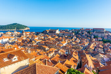 Beautiful aerial landscape of Dubrovnik old town at sunset, Croatia