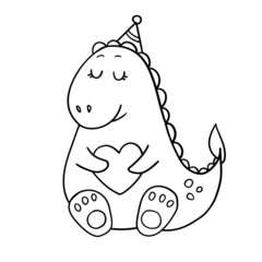 vector hand-drawn dinosaur in love in a festive hat. cute funny cartoon character. print, sticker, postcard, doodle, sketch. isolated on a white background