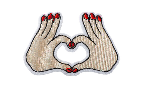 Hands making heart shape, embroidered batch isolated on white background