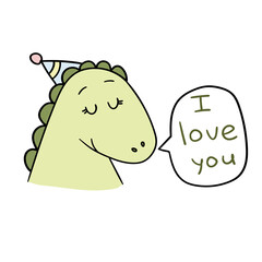 vector hand-drawn dinosaur in a festive hat. cute funny cartoon character. print, sticker, postcard, doodle, sketch. isolated on a white background. bubble for text