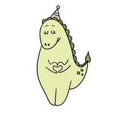 vector hand-drawn dinosaur in love in a festive hat. cute funny cartoon character. print, sticker, postcard, doodle, sketch. isolated on a white background.