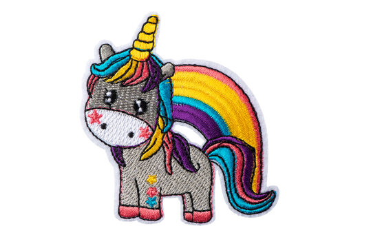 Cartoon unicorn with rainbow mane badge isolated on white background