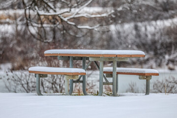 snow covered bench