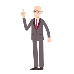 Bald man. Vector image of a person for animation. Editable strokes. Index finger up. A man in a suit on a white background. A man with glasses.