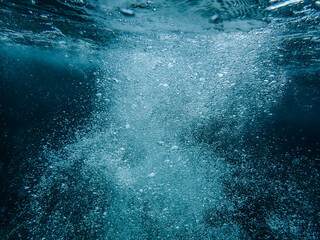 Air bubbles underwater rising to water surface, natural scene, Mediterranean sea, Rising Bubbles in...