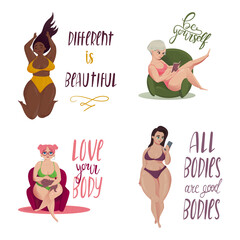 Happy body positive concept. I love my body. Attractive overweight woman. For Fat acceptance movement, no fatphobia. Different plus size women. Illustration on white background with lettering.