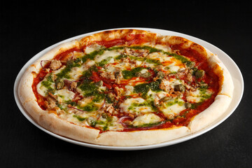 fragrant and hot pizza on a dark background