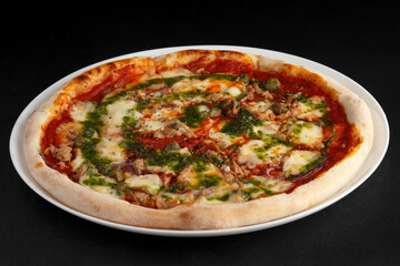 fragrant and hot pizza on a dark background