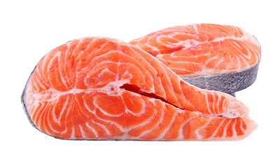 Salmon steak, fresh fish slice, trout on white isolated background with clipping path, full depth...