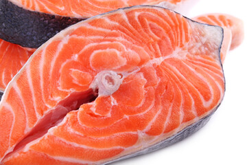 Salmon steak, fresh fish slice, trout on white isolated background with clipping path, full depth of field