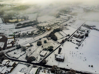 Aerial images made with drone after a snowfall in the south of Lugo in Galicia