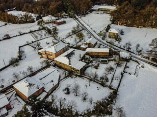 Aerial images made with drone after a snowfall Boveda inside of Ribeira Sacra in the south of Lugo in Galicia, Boveda