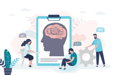 Psychotherapist examining female patient. Group of doctors talking to female patient about mental health. Concept of psychological help, healthcare