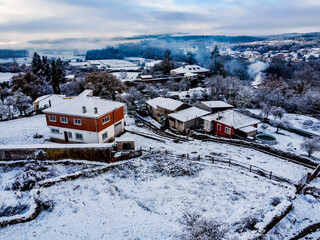 Aerial images made with drone after a snowfall in the south of Lugo in Galicia
