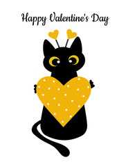 Black cat and a yellow heart with polka dots. Valentine's Day greeting card. Pattern for fashion prints on cups, textiles, clothes, notebooks. 