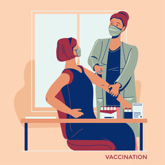 Doctor wearing face medical mask doing injection of virus vaccine to woman patient